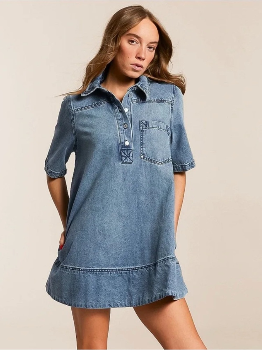 Free People Light Blue Denim Polo Shirt Dress